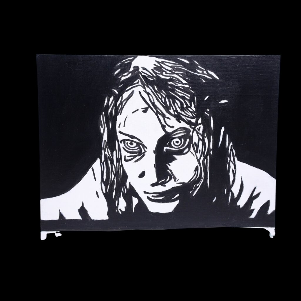 Alyssa Sutherland Evil Dead Painting. The painting is painted with Amsterdam acrylic paints. The painting is a flat panel canvas which can be hung with command strips, adhesive hooks, or framed.