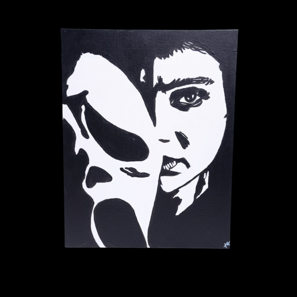 Melissa Barrera Scream Painting. The painting is painted with Amsterdam acrylic paints. The painting is a flat panel canvas which can be hung with command strips, adhesive hooks, or framed.
